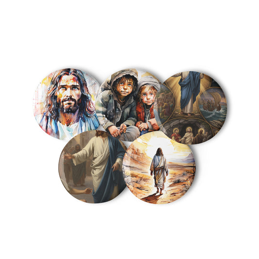 Set of 5 Jesus-themed pin badges featuring religious and inspirational illustrations with a glossy finish and durable coating.