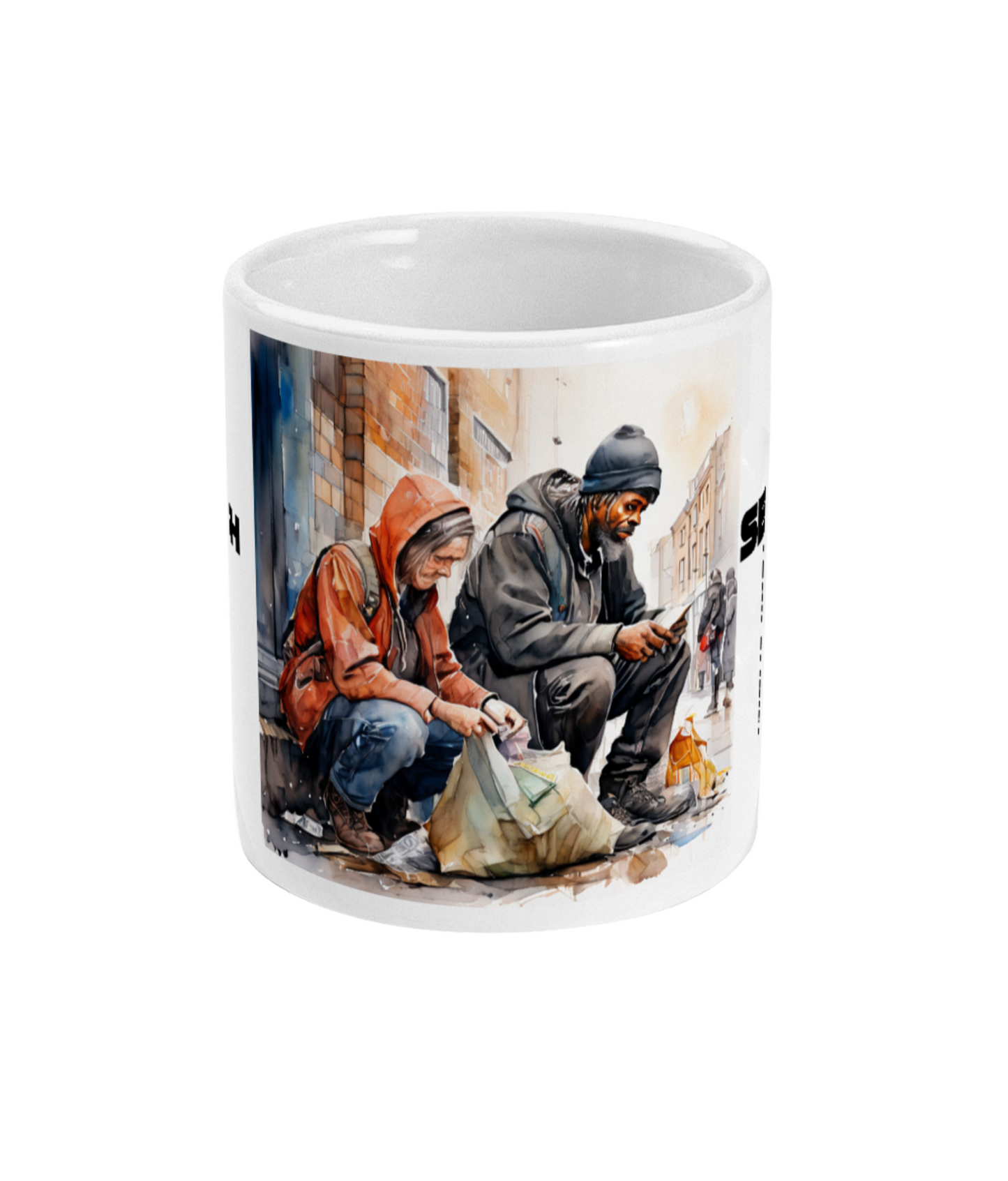 White ceramic mug with artwork of two homeless people and text supporting charity for the underprivileged
