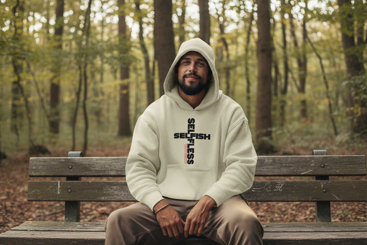 Man wearing SSYC unisex embroidered logo hoodie sitting on bench in autumn forest setting