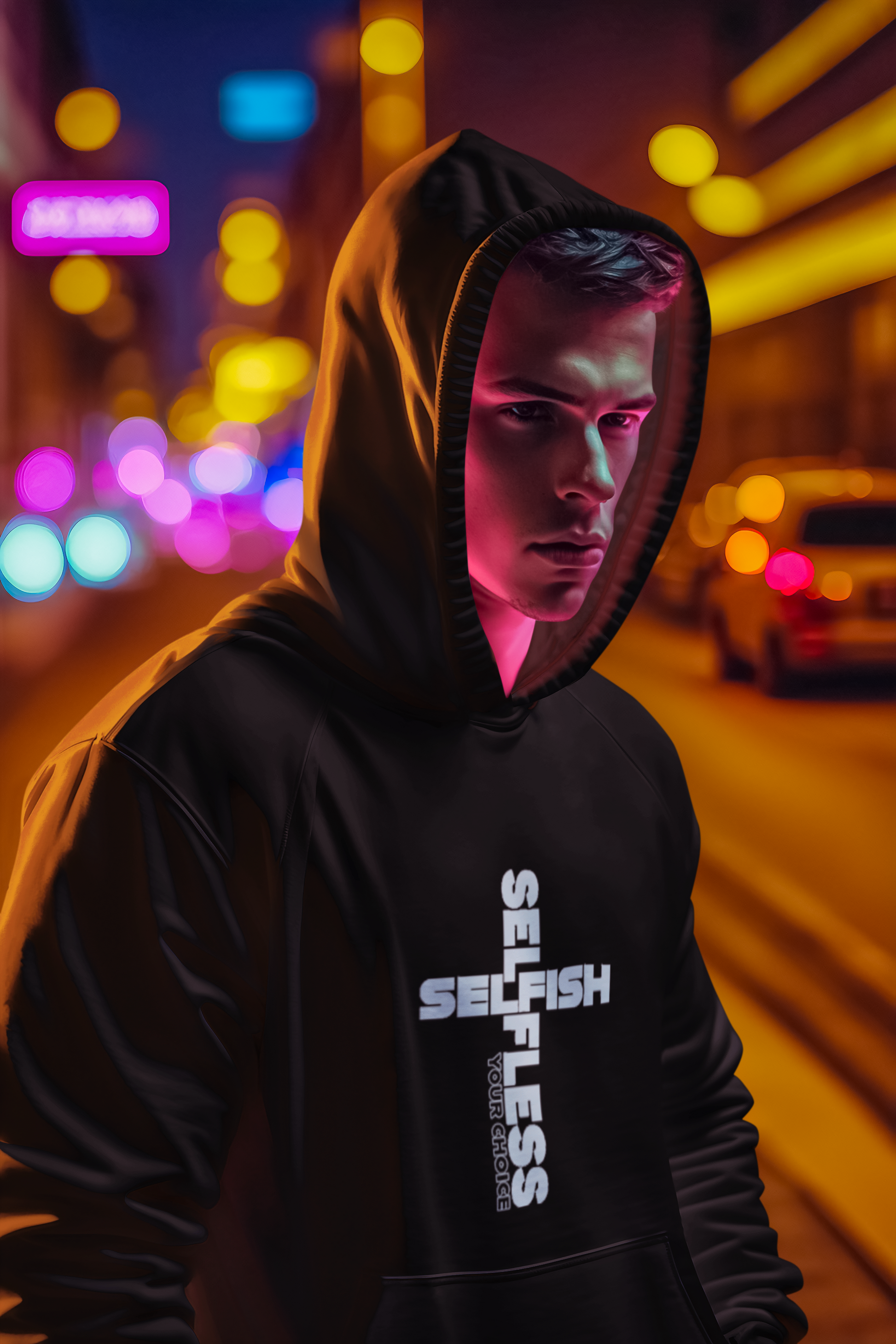 Man wearing black SSYC unisex embroidered logo hoodie with illuminated city street background at night