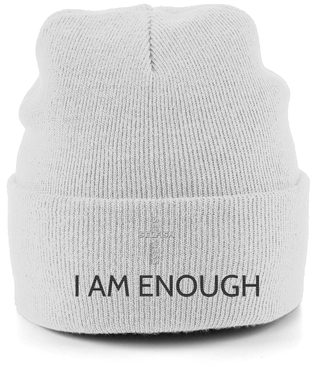 White Beechfield original cuffed beanie with I AM ENOUGH text and double layer soft acrylic knit material