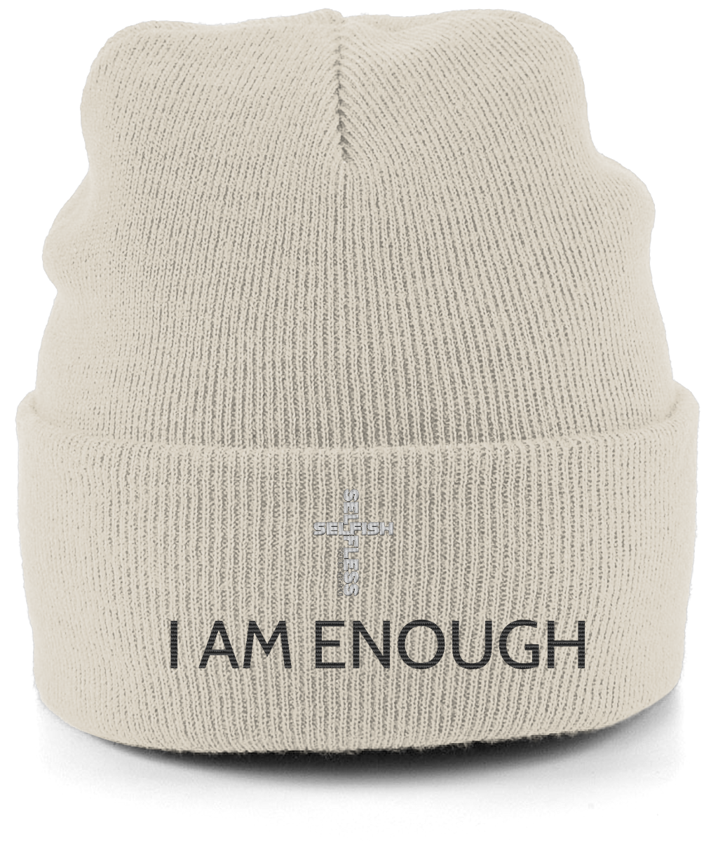 Cream Beechfield Original cuffed beanie with "I AM ENOUGH" text made of double layer soft acrylic knit material