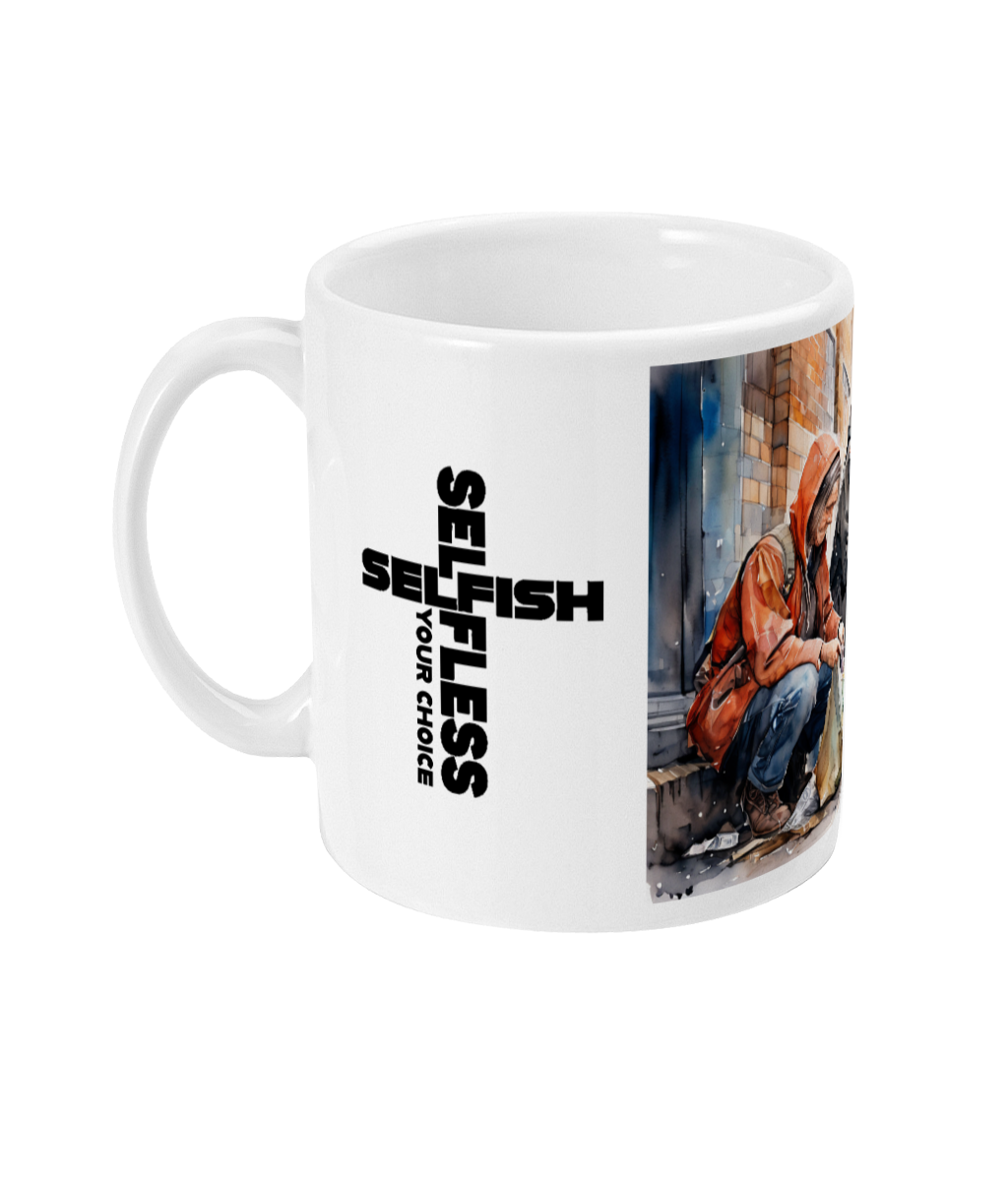 White ceramic mug with "Selfless Your Choice" text and artwork of a person sitting on the street in an orange hoodie