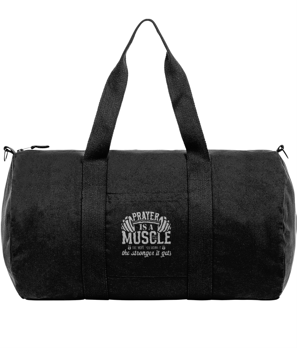 Black SSYC Muscle Stanley/Stella duffle bag with prayer muscle graphic and grosgrain cotton handles