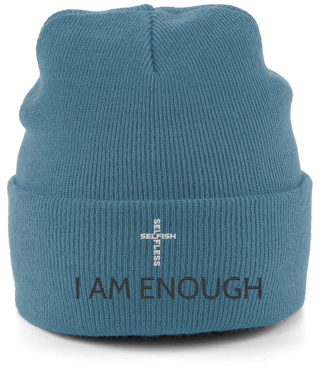 Blue Beechfield original cuffed beanie with "I AM ENOUGH" and "SELFLESS" text in soft acrylic knit material