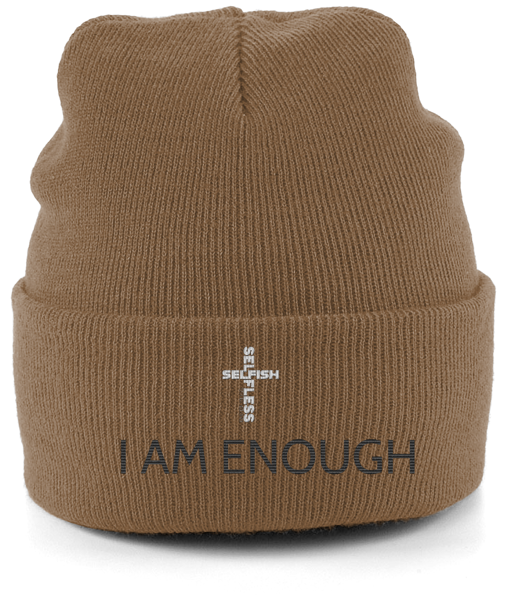 Brown Beechfield cuffed beanie with I AM ENOUGH and SELFLESS SELF embroidered on the front, double layer knit design