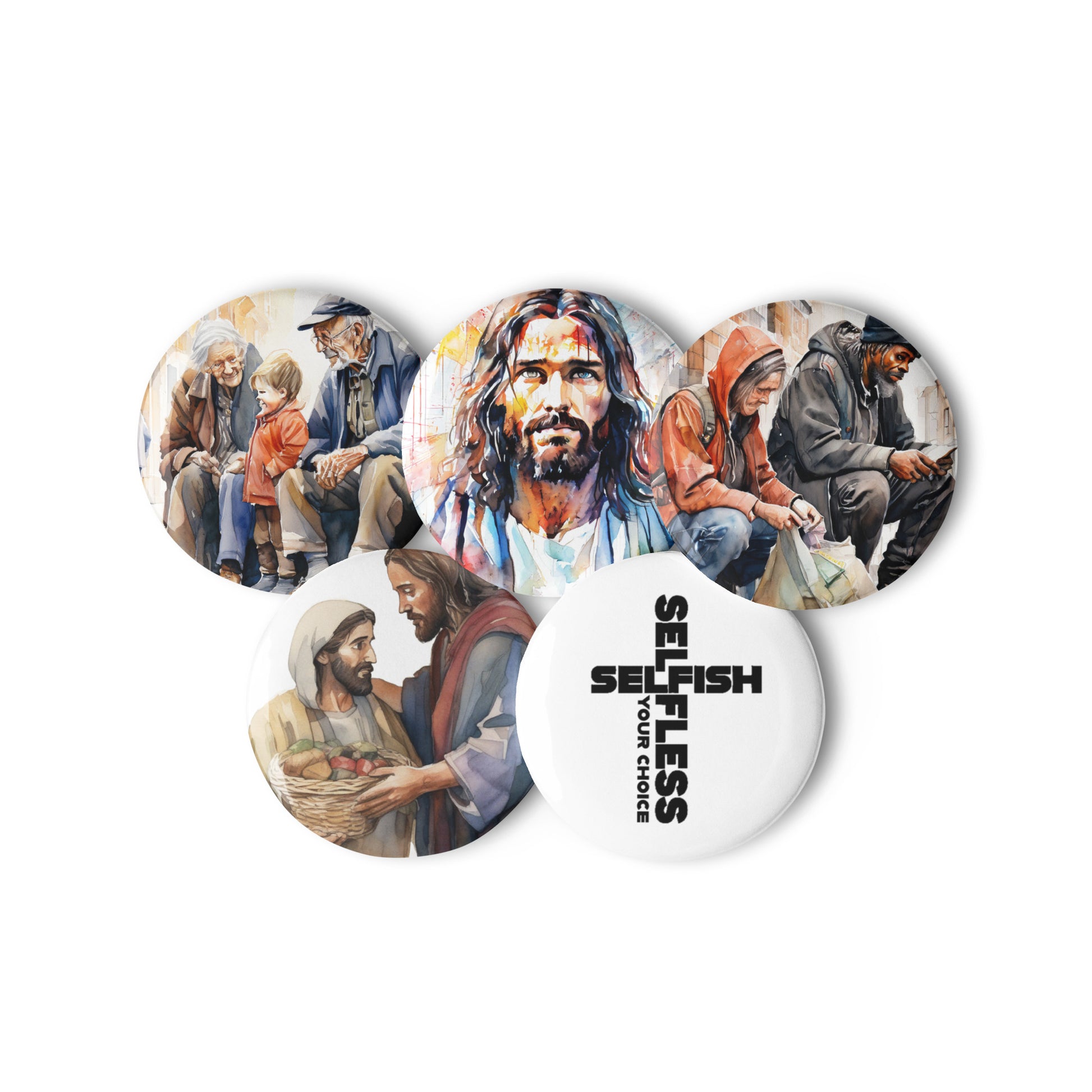 Set of five compassion-themed pin badges featuring caring scenes and a selfless message design.
