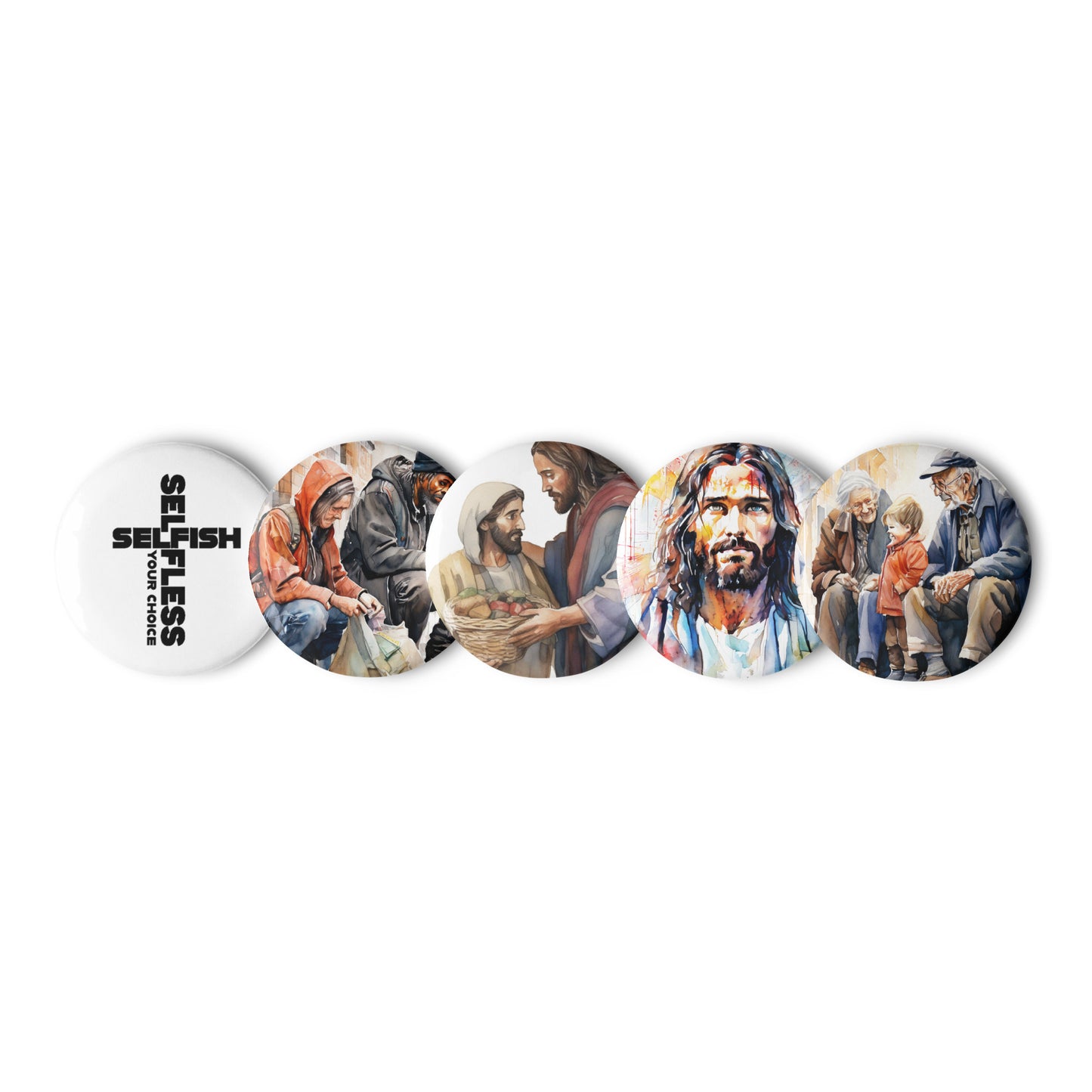 Set of five pin badges featuring compassion-themed religious and kindness-inspired artwork with glossy finish and sturdy design