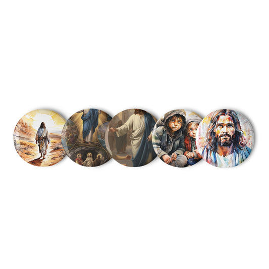 Set of 5 Jesus badges featuring different artistic and religious depictions with a glossy, scratch-resistant finish.