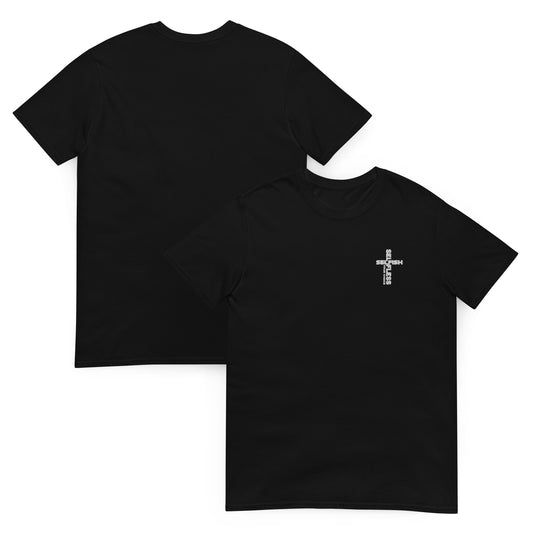 Black SSYC short sleeve t-shirt with embroidered white cross logo on chest, made from 100% soft cotton