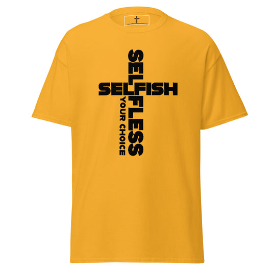 Yellow unisex classic cotton tee with bold black printed logo forming a cross and motivational text design.